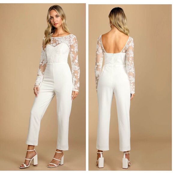Lulus Write Your Own Romance White Embroidered Long Sleeve Jumpsuit Size Small - Picture 1 of 9